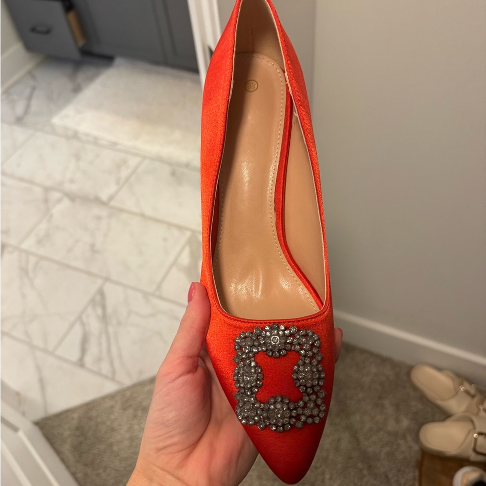 Red High Heel Pumps with Rhinestone Embellishment